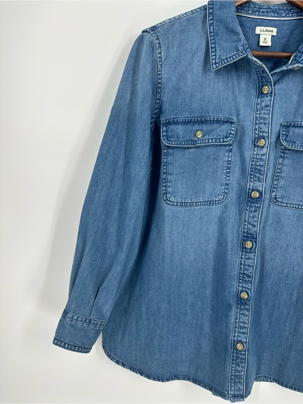 LL BEAN Heritage Women Petite Classic Rugged Washed Denim Long Sleeve Shirt - Picture 3 of 10